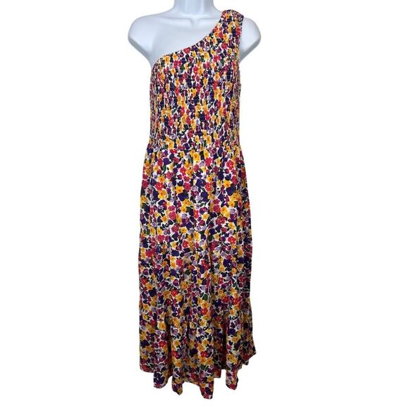 Floral One-Shoulder Maxi Dress Smocked Bodice Asymmetrical Neckline Multicolor M - Picture 2 of 7
